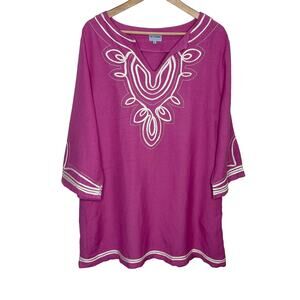 Les Canebiers XXL Purple Embroidered Tunic Dress Boho Beach Cover Up Pockets